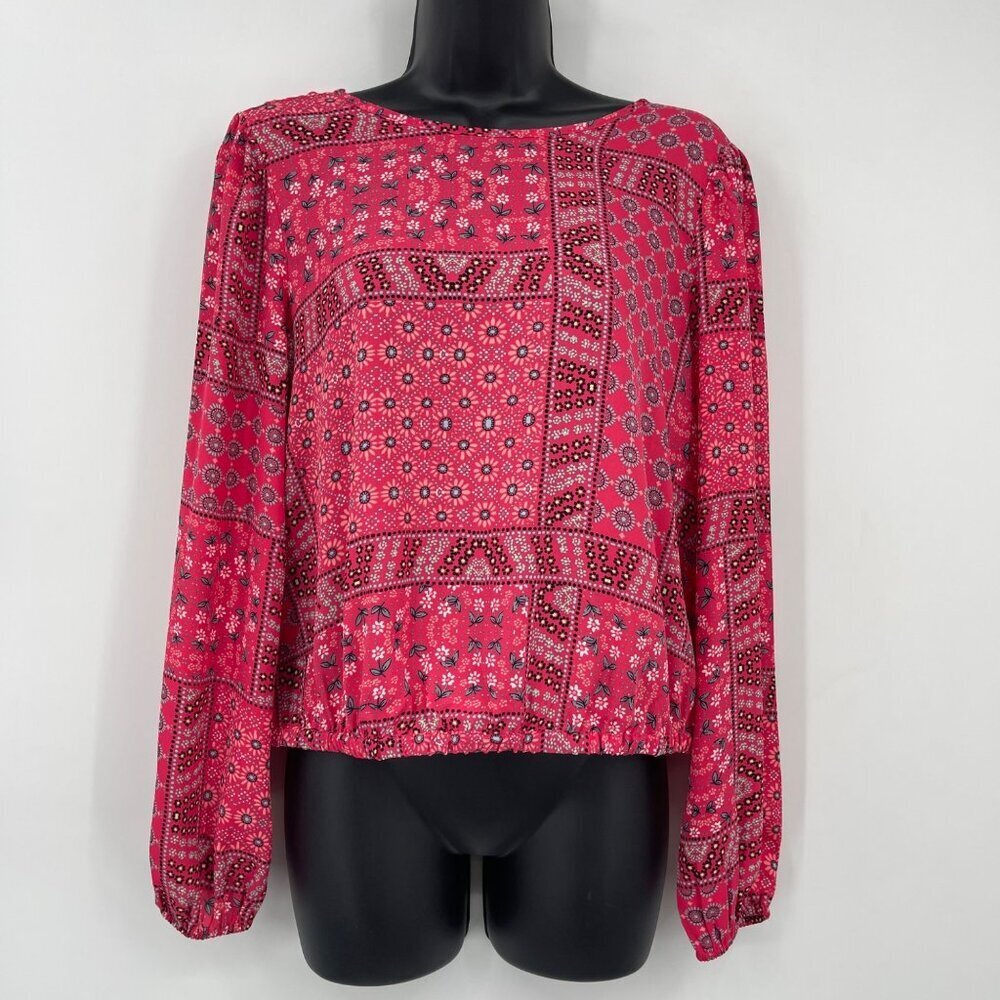 New Loft Floral Low V Back Blouse Women's S Pink Multi Patchwork Boho Crop